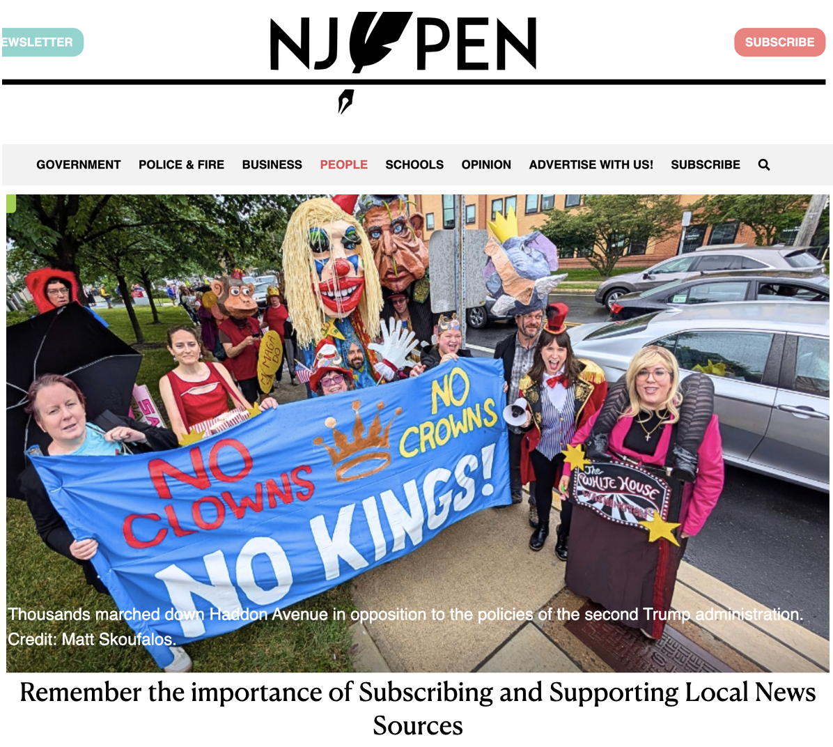 Splash Picture of a local new source covering the No Kings Protest. Shows our Creative Team on the splash page of the NJ/Pen Website