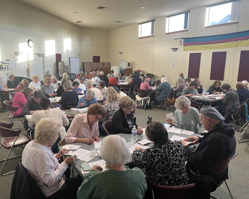 A small room in a library that holds about 80 people. There are a bunch of tables spread out haphazardly around the room with around 6 people at each table. The people are busy writing addresses on postcards. The late afternoon sun shines on the back wall through windows near the top of the room.