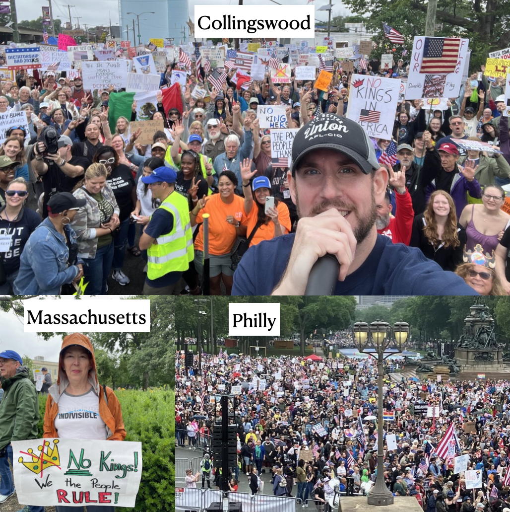 A collage of three pictures of protests. At the top is one labeled Collingswood. Adam Sheridan stands with a microphone in his hand in the foreground and there is a sea of protesters behind him. Below this picture are two other pictures. The one of the right is from Philly. This picture also sees a sea of protesters as viewed from the art museum. The final picture is a lone protester wearing a cooper river indivisible shirt at a protest in a small town in Massachusetts